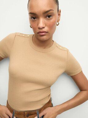 Veronica Beard Draya Tee in Khaki Women's L Slim Fit Metal Buttons